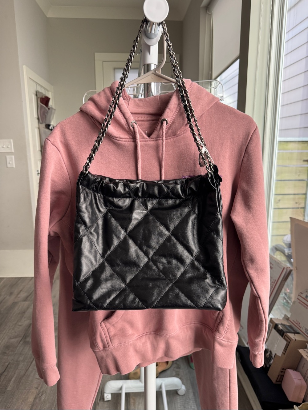 Ceannis Black Quilted Real Leather Chain Strap Shoulder Bag